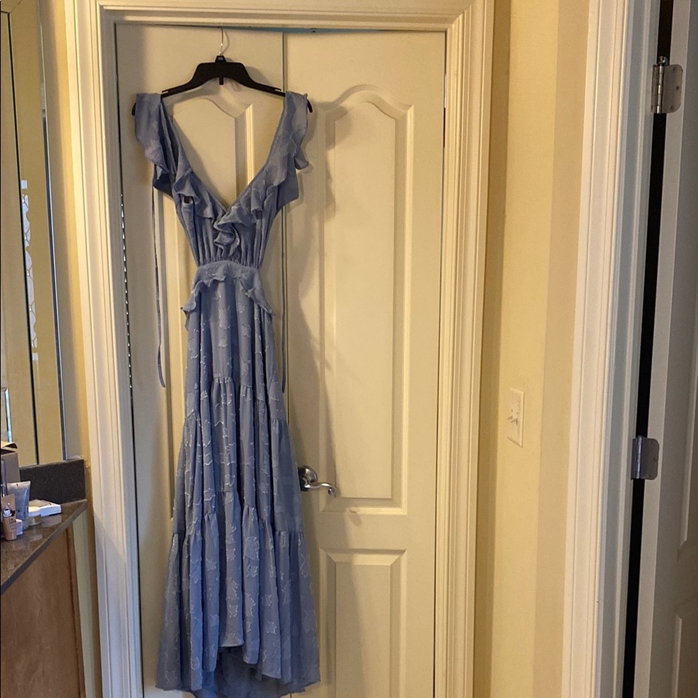 Blue Ruffled Tie Front Sundress for Wedding Guest